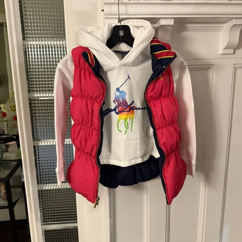 Ralph Lauren Girls 2 PCS Set Reversible Down Puffer Vest & White Hoodie M(8-10)